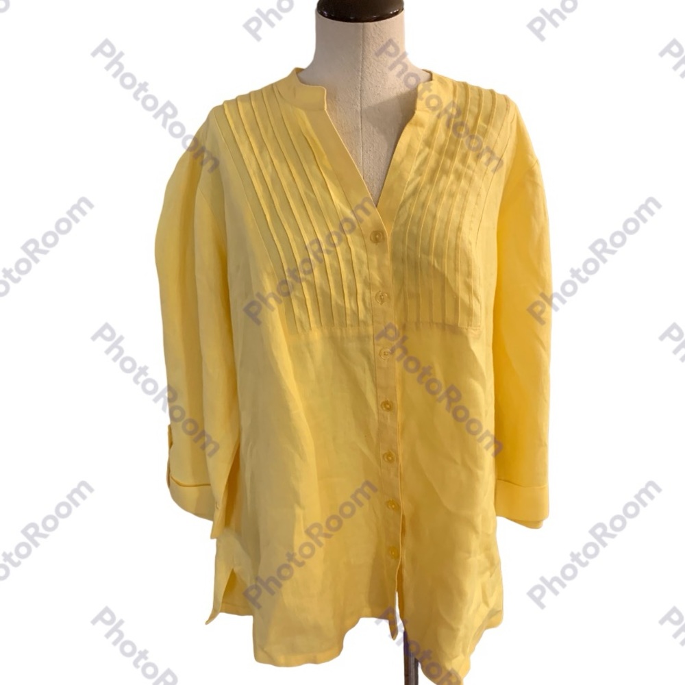 Kim Roger’s, 1x, 100% Linen Yellow Button Up Blouse
